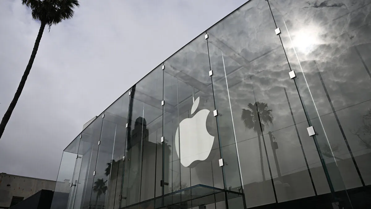 The Apple Inc. logo is displayed outside a retail store at the Third Street Promenade in Santa Monica, Calif., on March 20, 2023. (PATRICK T. FALLON/AFP via Getty Images)