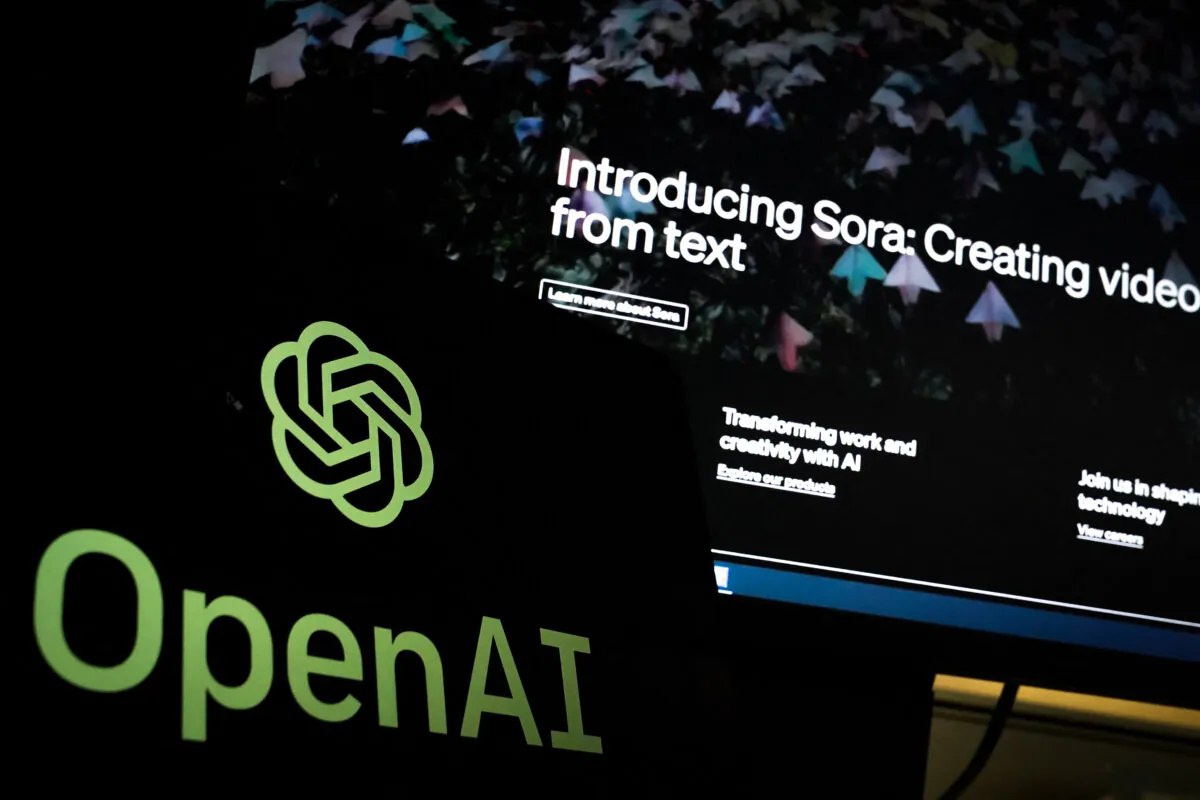 Open AI's newly released text-to-video "Sora" tool is advertised on their website on a monitor  in Washington, DC, on Feb. 16, 2024. (Drew Angerer/AFP via Getty Images)