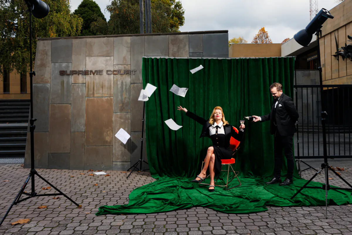 Artist Kirsha Kaechele outside the Supreme Court. She is to appeal the closure of her "Ladies' Lounge" exhibit (Courtesy of MONA).