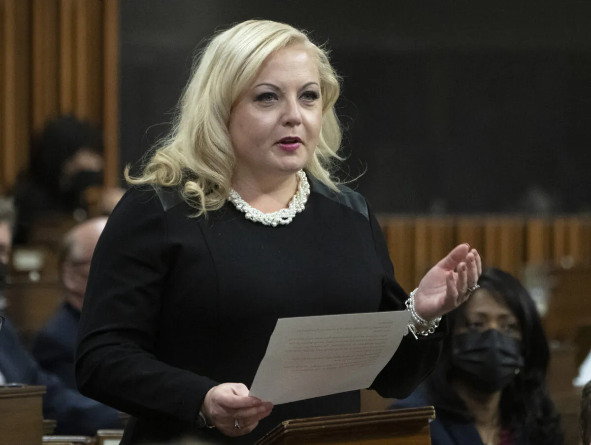 Conservative MP for Lambton-Kent-Middlesex Lianne Rood rises during Question Period, Feb. 21, 2022 in Ottawa. (THE CANADIAN PRESS/Adrian Wyld)