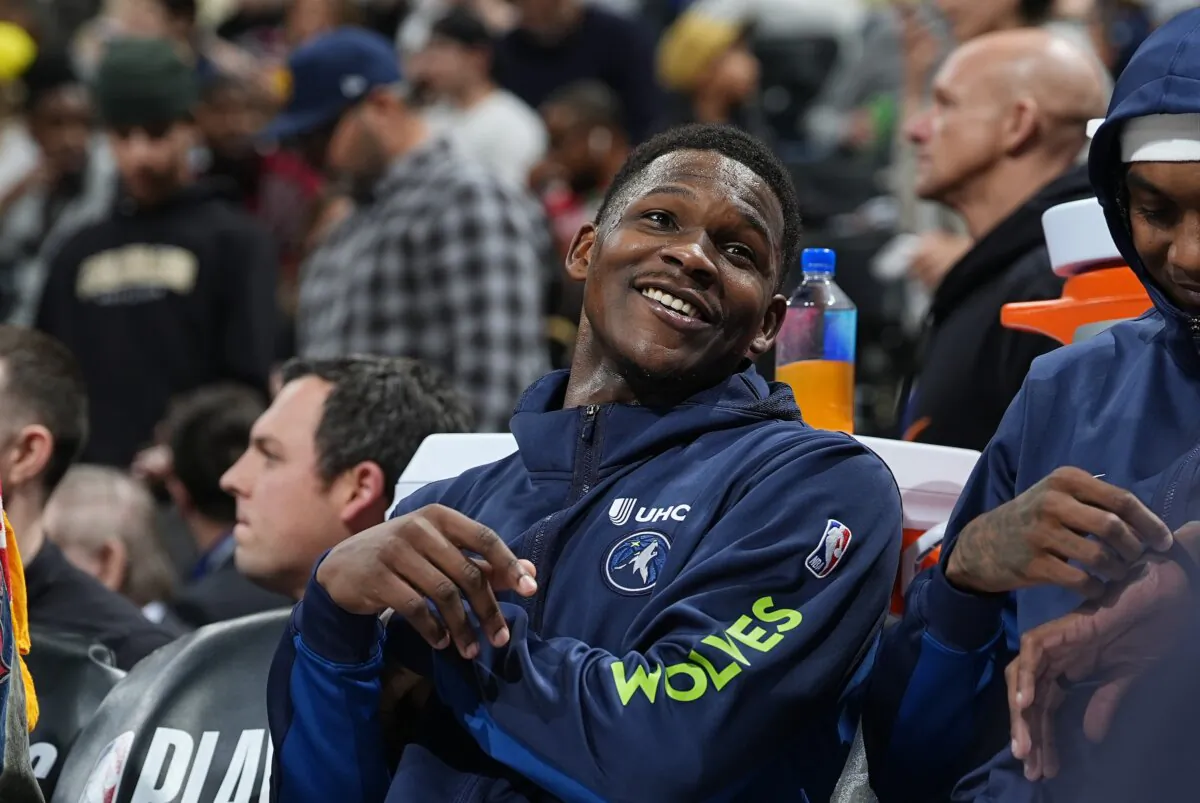 Minnesota Timberwolves guard Anthony Edwards sits in the bench after he was pulled from the floor late in the second half of Game 2 of an NBA basketball second-round playoff series against the Denver Nuggets in Denver on May 6, 2024. (David Zalubowski/AP Photo)