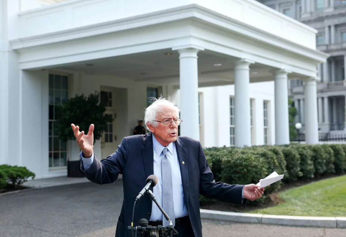 U.S. Sen. Bernie Sanders (I-Vt.) speaks to the media outside of the White House in Washington on July 17, 2023. (Kevin Dietsch/Getty Images)