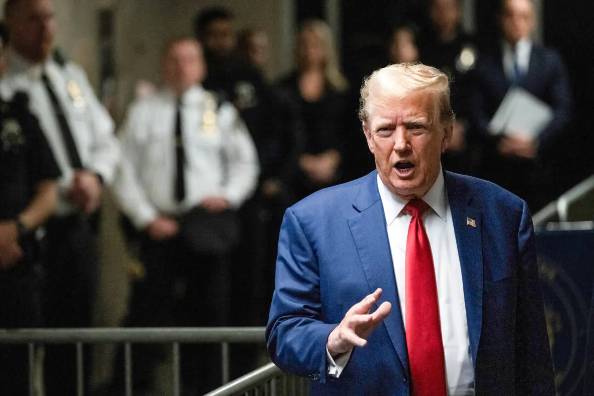 Former President Donald Trump speaks to the press as he arrives for his criminal trial for allegedly covering up hush money payments at Manhattan Criminal Court on May 10, 2024 in New York City.(Victor J. Blue - Pool/Getty Images)