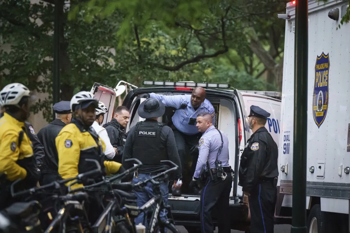 Police gather to clear protesters at the University of Pennsylvania campus in Philadelphia on May 10, 2024. (Jessica Griffin/The Philadelphia Inquirer via AP)