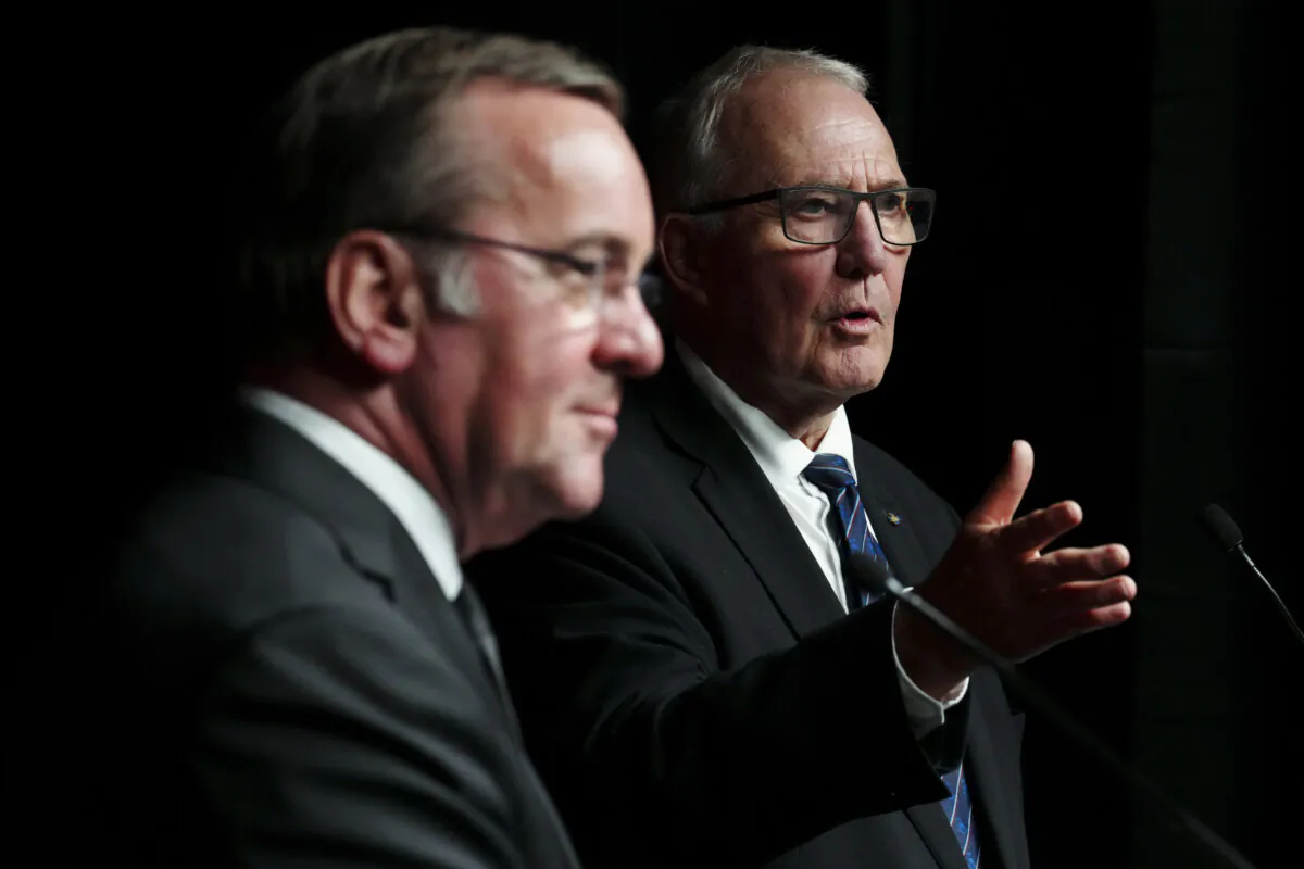 Germany’s Minister of Defence Boris Pistorius (L) and Minister of National Defence Bill Blair take part in a joint news conference at National Defence Headquarters in Ottawa on May 10, 2024. (The Canadian Press/Sean Kilpatrick)