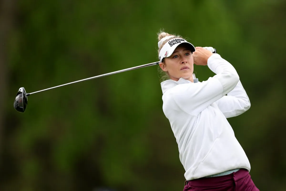 Nelly Korda of the United States plays her shot from the seventh tee during the first round of the Cognizant Founders Cup in Clifton, New Jersey on May 10, 2024. (Elsa/Getty Images)