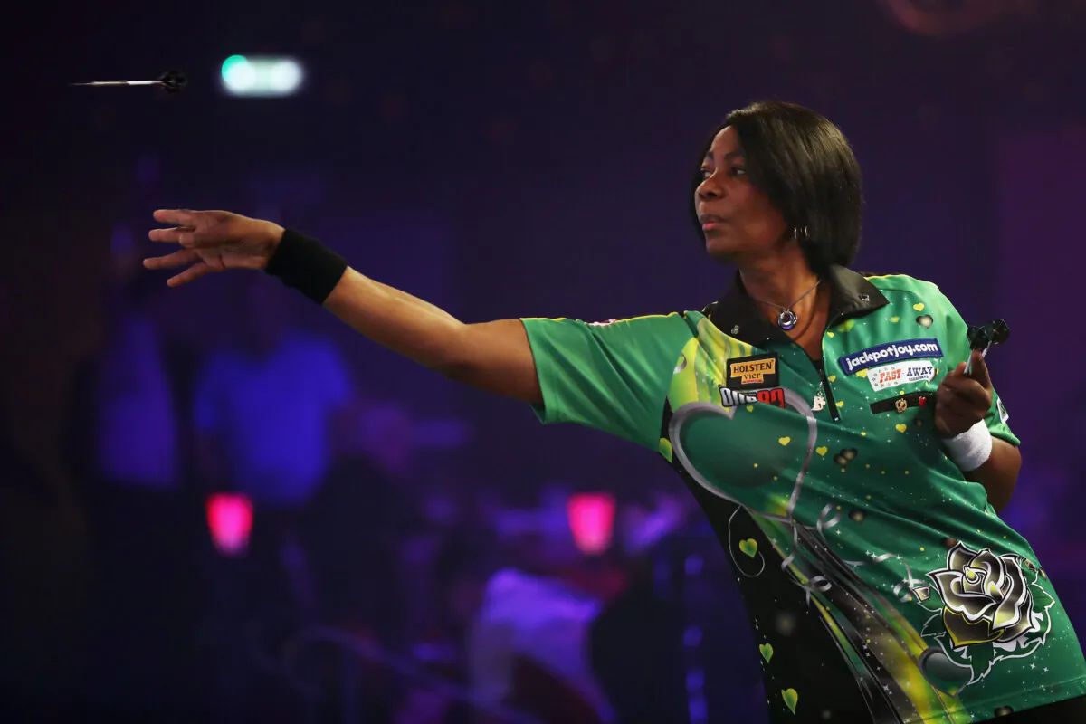 Deta Hedman of Great Britain in action during her first-round match on day four of the BDO Lakeside World Professional Darts Championships in Frimley, England, on Jan. 10, 2017. (Bryn Lennon/Getty Images)