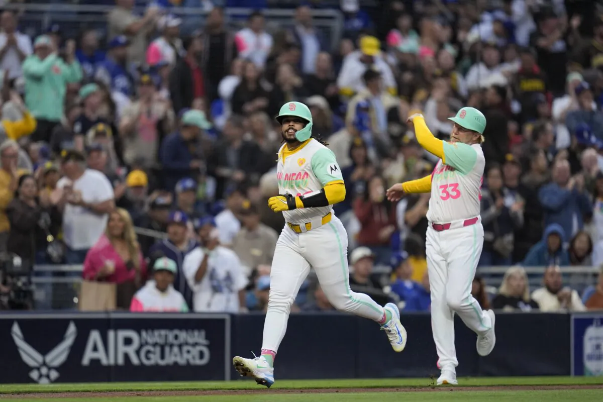 San Diego Padres' Luis Campusano, smiles as he rounds the bases after hitting a home run during the third inning of a baseball game against the Los Angeles Dodgers in San Diego on May 10, 2024. (Gregory Bull/AP Photo)