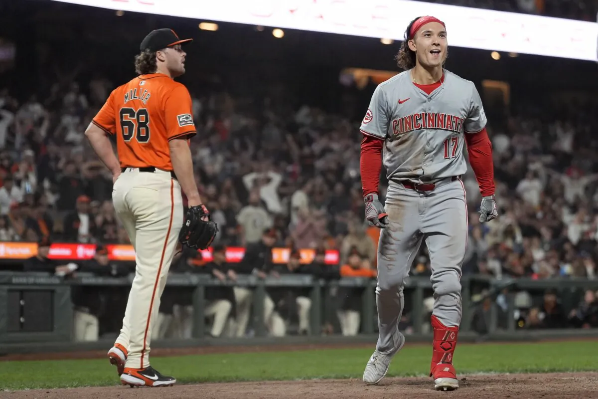 Cincinnati Reds' Stuart Fairchild (17) celebrates after hitting an inside-the-park home run off of San Francisco Giants pitcher Erik Miller (68) during the eighth inning of a baseball game in San Francisco on May 10, 2024. (Jeff Chiu/AP Photo)