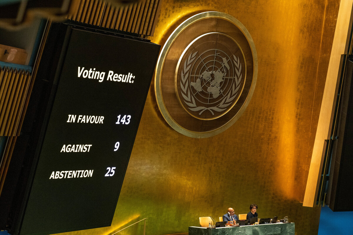 A screen shows the voting results during the United Nations General Assembly vote on a draft resolution that would recognize the Palestinians as qualified to become a full U.N. member, in New York City, U.S. May 10, 2024. REUTERS/Eduardo Munoz