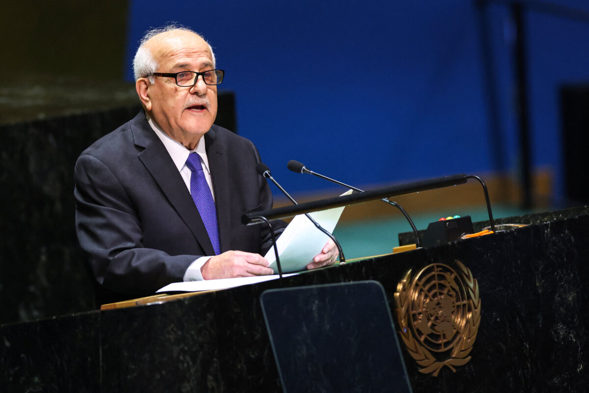 Palestinian Ambassador to the United Nations Riyad Mansour speaks during a special session of the UN General Assembly regarding the Palestinian bid for full membership to the UN, at UN headquarters in New York City on May 10, 2024. A veto from the United States during an April 18, 2024 UN Security Council meeting previously foiled the Palestinians' drive for full UN membership. (Photo by Charly TRIBALLEAU / AFP) (Photo by CHARLY TRIBALLEAU/AFP via Getty Images)