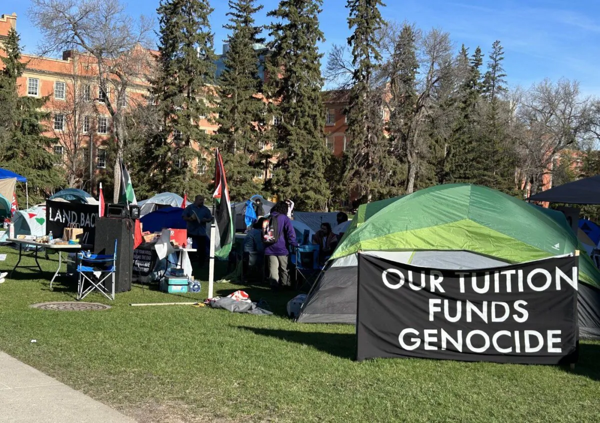Tents are set up at a Gaza encampment protest on the campus of the University of Alberta in Edmonton on May 10, 2024. (The Canadian Press/Dean Bennett)