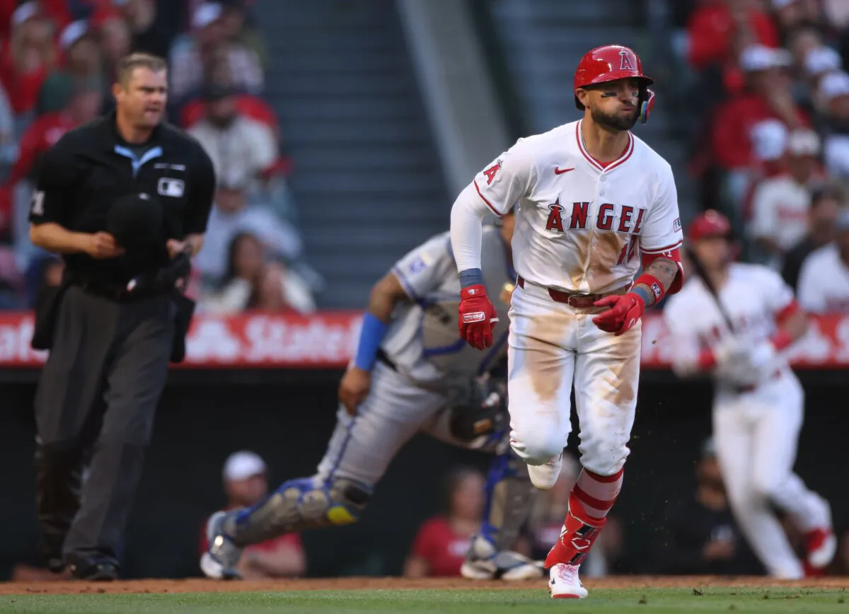 Kevin Pillar (12) of the Los Angeles Angels reacts to his single, to score Cole Tucker (8) for a 4–1 lead over the Kansas City Royals, during the third inning in Anaheim, Calif., on May 11, 2024. (Harry How/Getty Images)