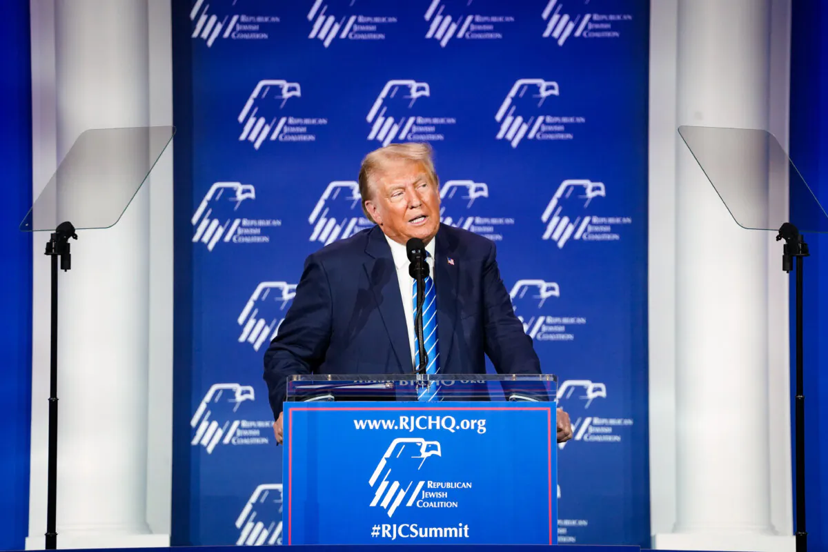 Republican presidential candidate and former President Donald Trump speaks at the Republican Jewish Coalition in Las Vegas on Oct. 28, 2023. (Madalina Vasiliu/The Epoch Times) 