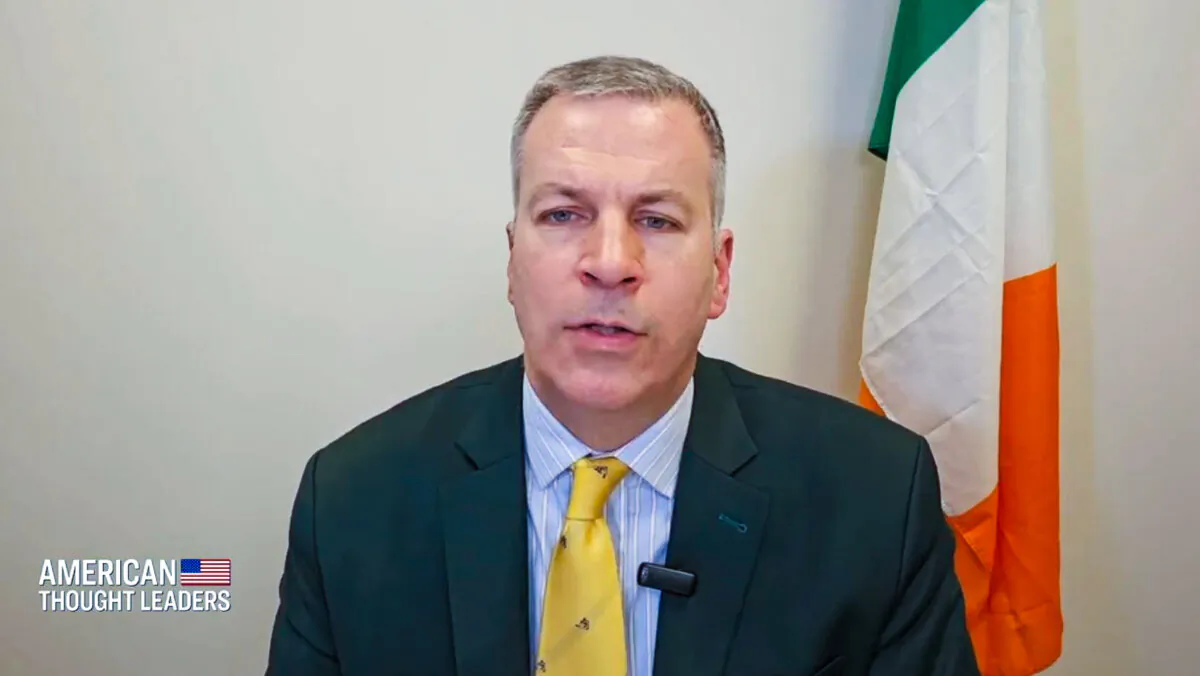 Hermann Kelly, president of the Irish Freedom Party is interviewed on EpochTV’s 'American Thought Leaders' program, on Feb. 13, 2024. (Screenshot/ Epoch TV)