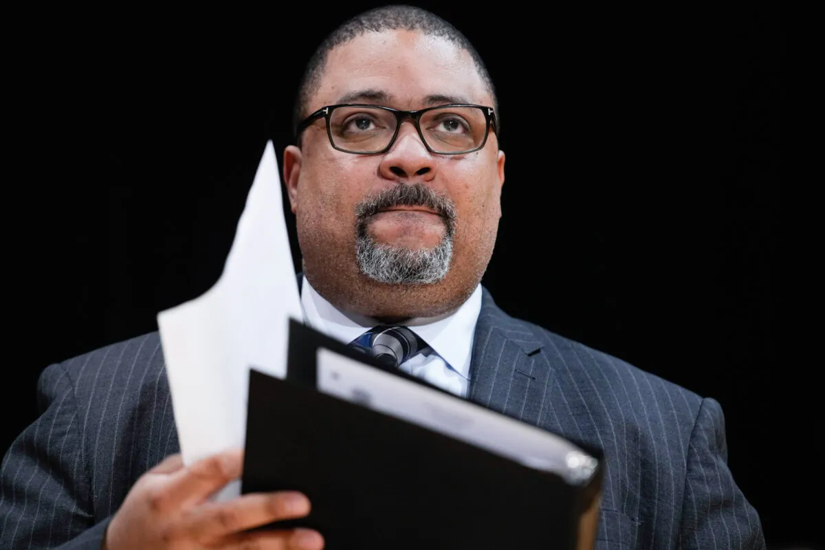 Manhattan District Attorney Alvin Bragg listens at news conference in New York in a Feb. 7, 2023. (Seth Wenig/AP Photo)