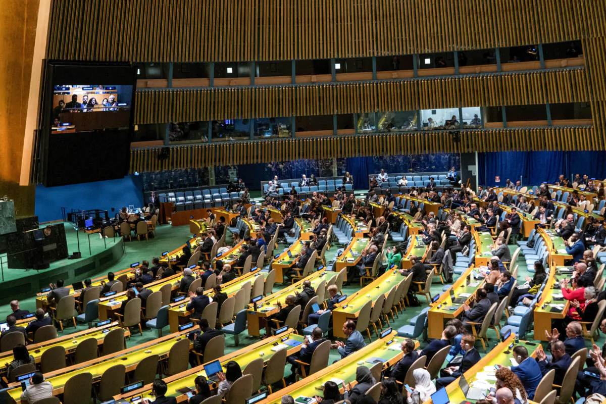 Delegates react to the voting results during the U.N. General Assembly vote on a draft resolution that would recognize the Palestinian Territories as qualified to become a full U.N. member, in New York City on May 10, 2024. (Eduardo Munoz/Reuters)