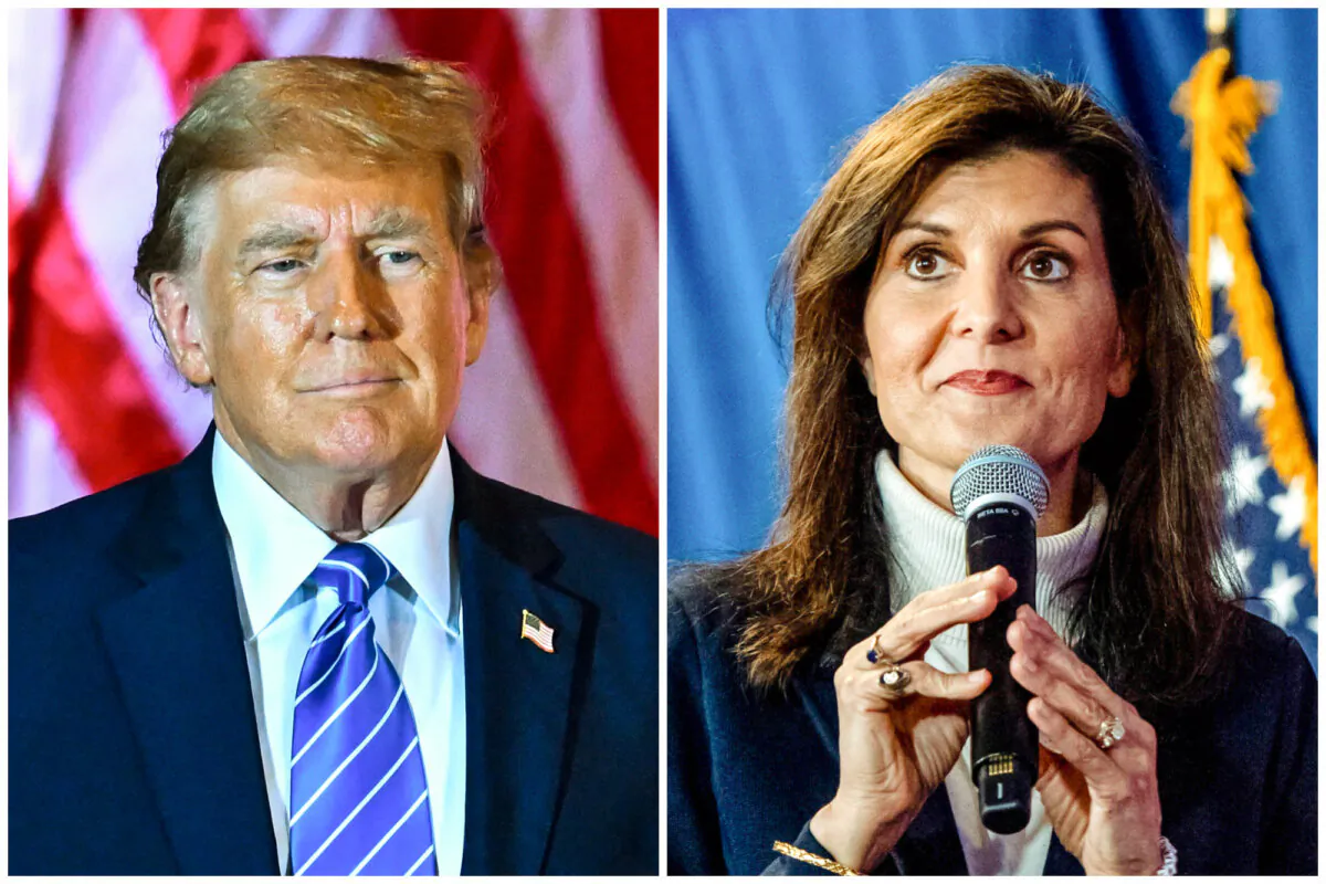 (Left) Former President Donald Trump at Mar-a-Lago Club in Palm Beach, Fla., on March 5, 2024. (Right) Republican presidential hopeful Nikki Haley speaks during a campaign rally in Portland, Maine, on March 3, 2024. (Chandan Khanna, Joseph Prezioso/AFP via Getty Images)