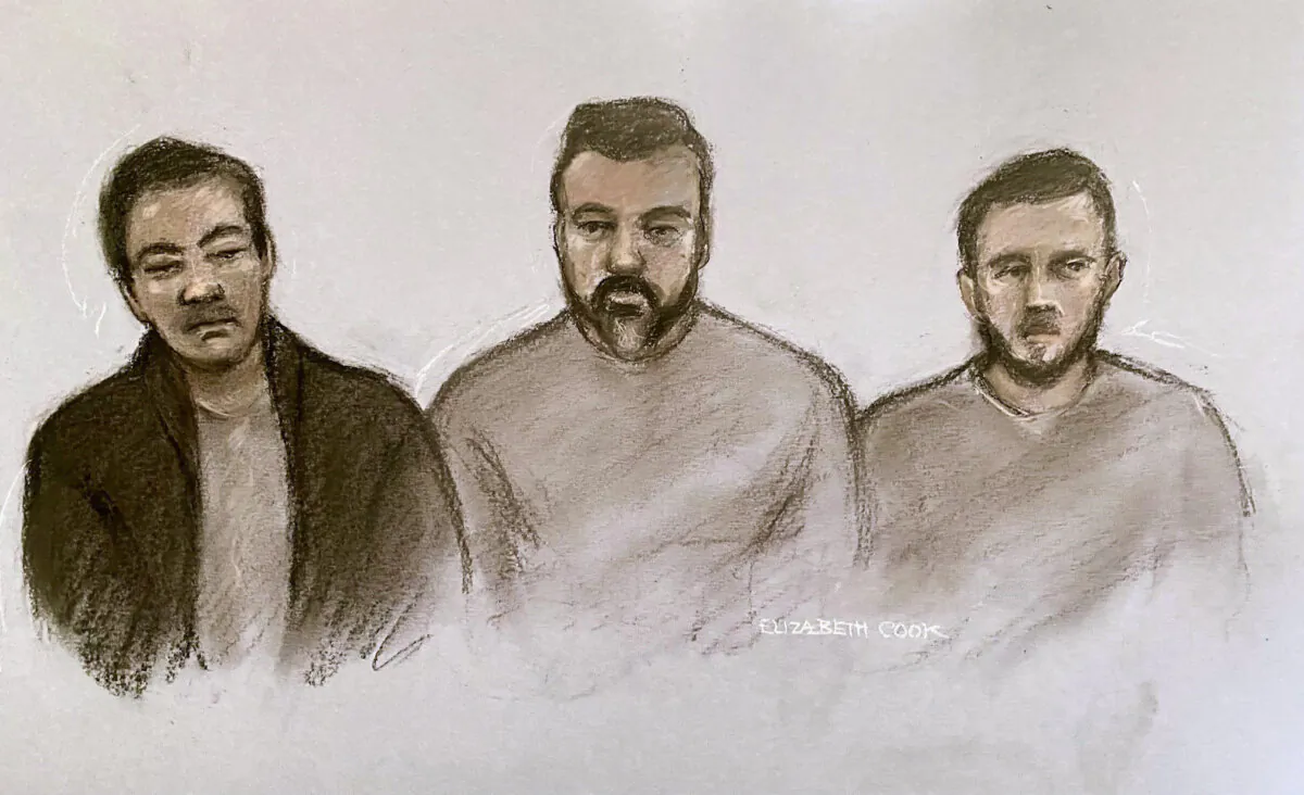 Court artist sketch of (L–R) Chung Biu Yuen, Chi Leung Wai, and Matthew Trickett in the dock at Westminster Magistrates' Court in central London on May 13, 2024. (Elizabeth Cook/PA)
