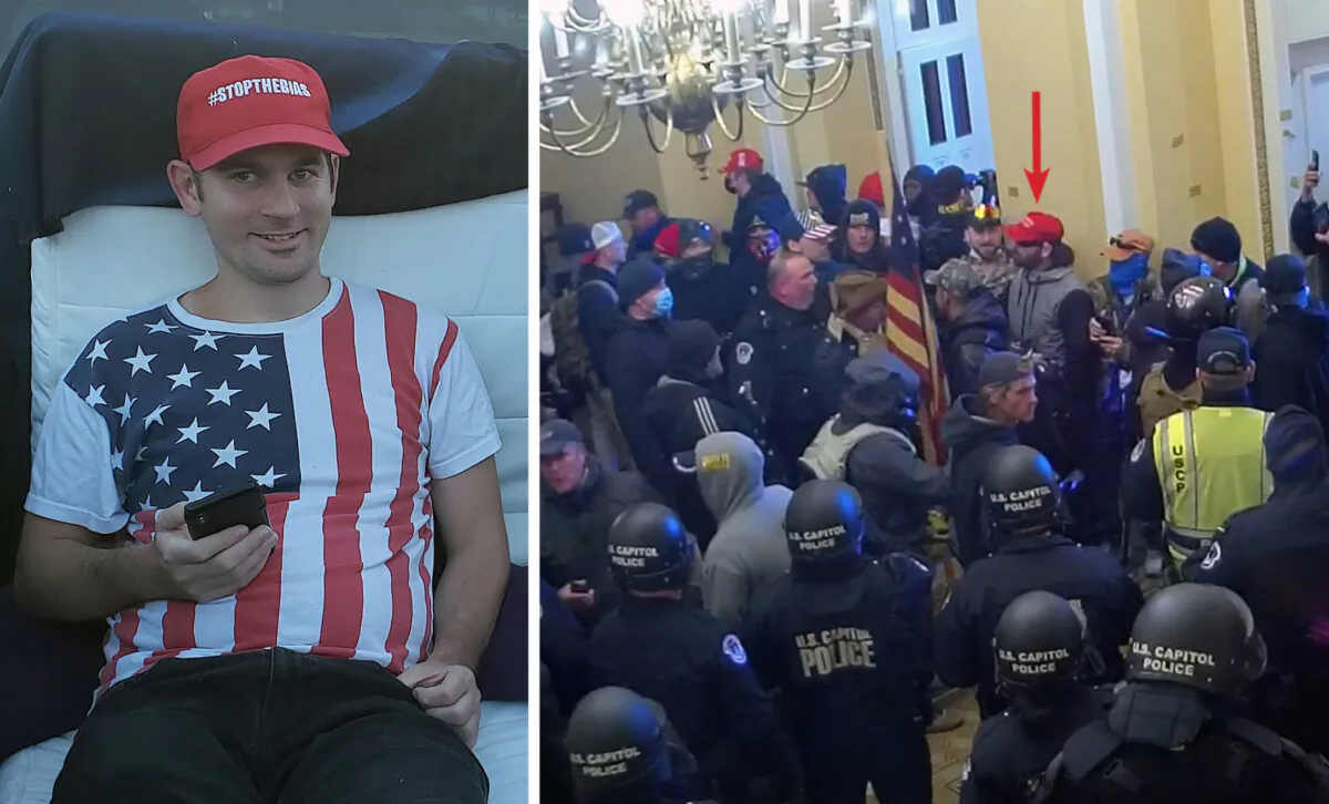 Daniel Goodwyn of San Francisco spent 36 seconds in the U.S. Capitol on Jan. 6, 2021. (Marie Goodwyn, U.S. Capitol Police/Screenshots via The Epoch Times)