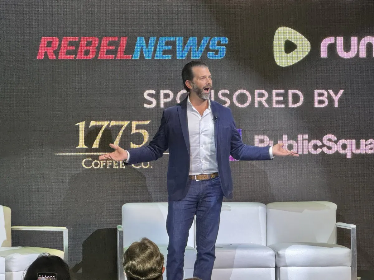 Donald Trump Jr. speaks in Toronto, Ontario, on May 10, 2024. (Chris Tomlinson/The Epoch Times)