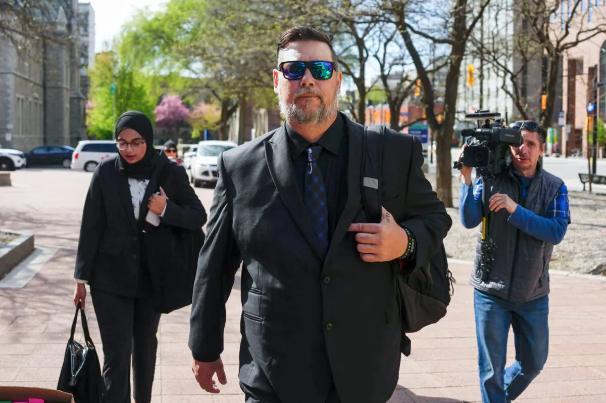 Freedom Convoy organizer Pat King arrives to court for the start of his criminal trial in Ottawa on May 13, 2024. (The Canadian Press/Sean Kilpatrick)