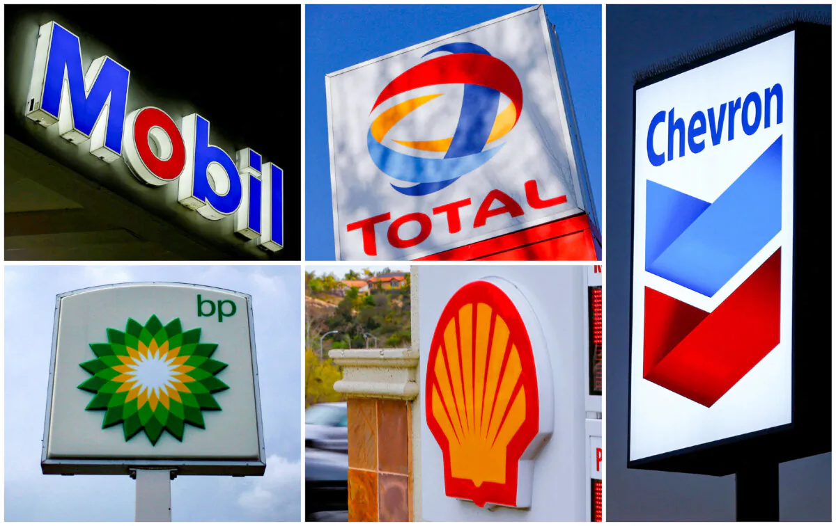 A combination of file photos shows the logos of five of the largest publicly traded oil companies: BP, Chevron, ExxonMobil, Royal Dutch Shell, and Total. (File Photo/Reuters)