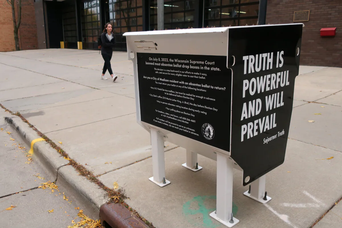 An absentee ballot drop box transformed into a piece of art in Madison, Wis., on Oct. 25, 2022. (Scott Bauer/AP Photo)