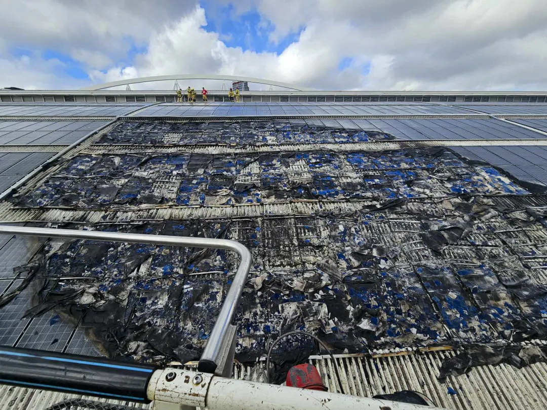 A damaged solar panel from a fire at Sydney Aquatic Centre in Australia on May 13. (Courtesy of Fire and Rescue NSW)