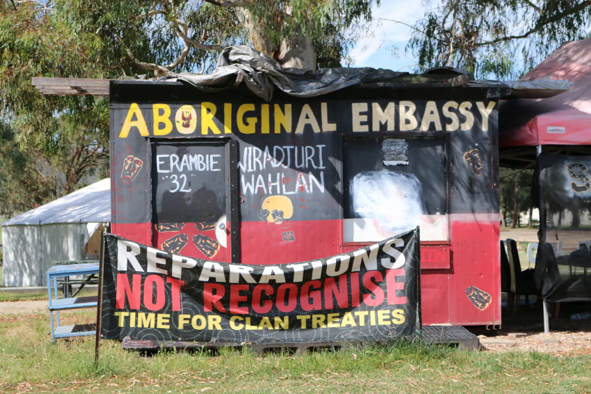 The site of the Aboriginal Tent Embassy protest in Canberra, Australia, on Feb. 8, 2024. (Melanie Sun/The Epoch Times)