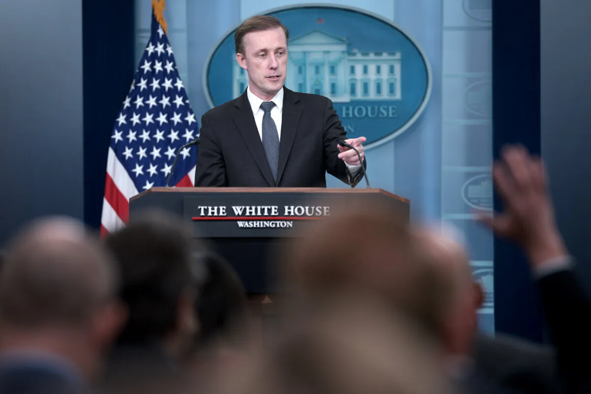 National security adviser Jake Sullivan answers questions during the daily press briefing at the White House on May 13, 2024. (Win McNamee/Getty Images)