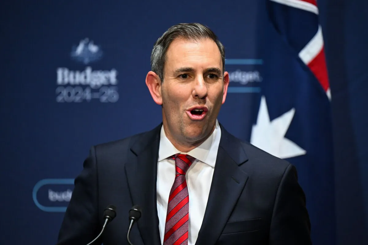 Australian Treasurer Jim Chalmers speaks at a press conference inside the Budget lockup at Parliament House in Canberra, Australia, on May 14, 2024. (AAP Image/Lukas Coch)