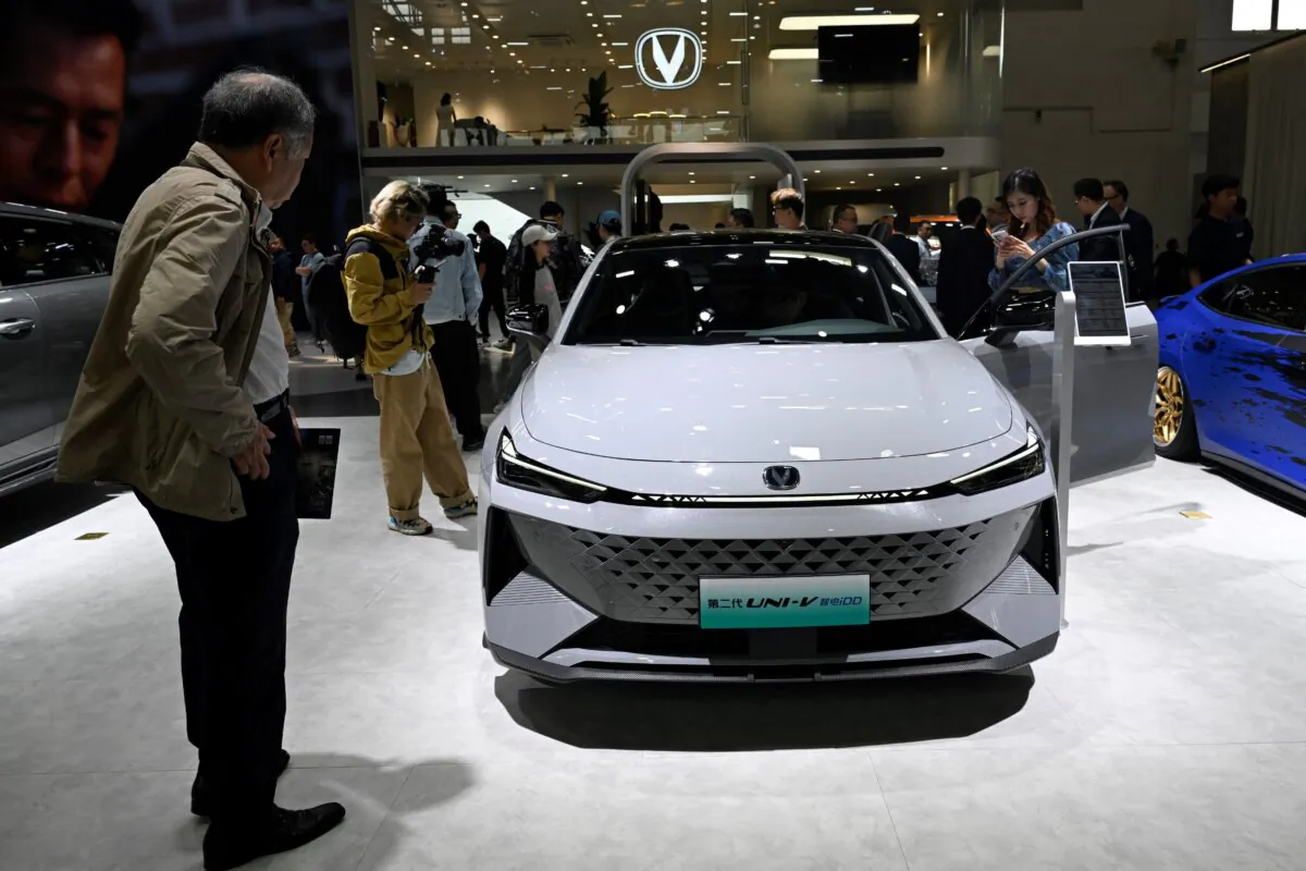 A Changan UNI-V model car is displayed at the Beijing Auto Show on April 26, 2024. (Wang Zhao/AFP via Getty Images)