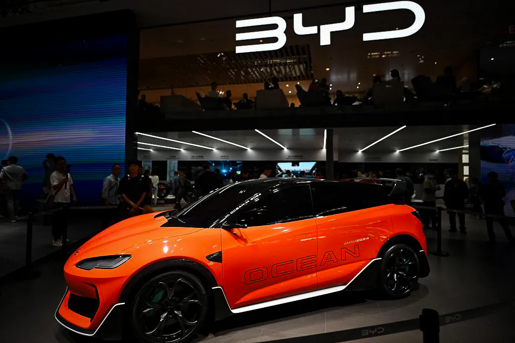 A BYD Ocean-M electric car is displayed at the Beijing Auto Show in Beijing on April 25, 2024. (Pedro Pardo/AFP via Getty Images)