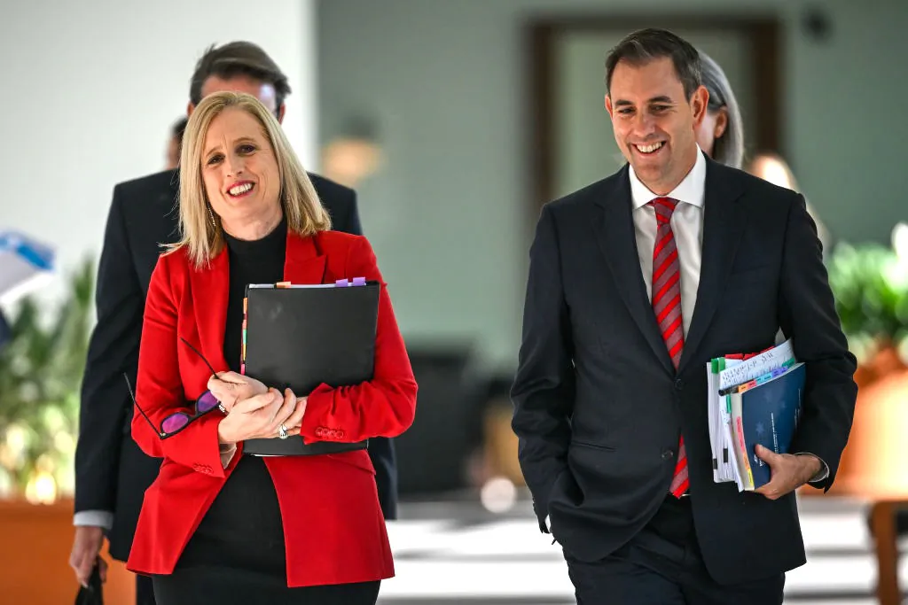 Australia's Treasurer Jim Chalmers (Front R) and Finance Minister Katy Gallagher (Front L) arrive for the budget lock-up at Parliament House in Canberra, Australia on May 14, 2024. (Tracey Nearmy/Getty Images)