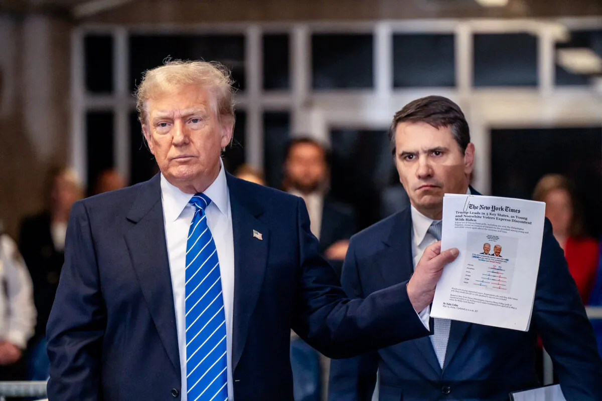 Former President Donald Trump speaks to reporters before departing Manhattan criminal court in New York on May 13, 2024. (Mark Peterson/AFP via Getty Images)