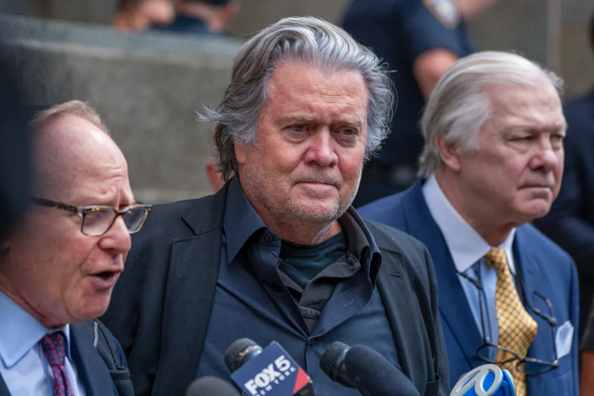 Steve Bannon, former adviser to former President Donald Trump, speaks to members of the media after his arraignment in the Supreme Court of the State of New York, on Sept. 8, 2022. (David Dee Delgado/Getty Images)