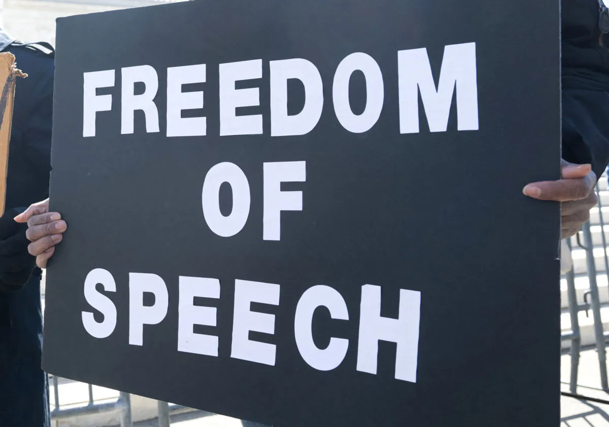 Conservative demonstrators who allege the government pressured or colluded with social media platforms to censor right-leaning content under the guise of fighting misinformation protest outside the US Supreme Court in Washington on March 18, 2024. (Saul Loeb/AFP via Getty Images)
