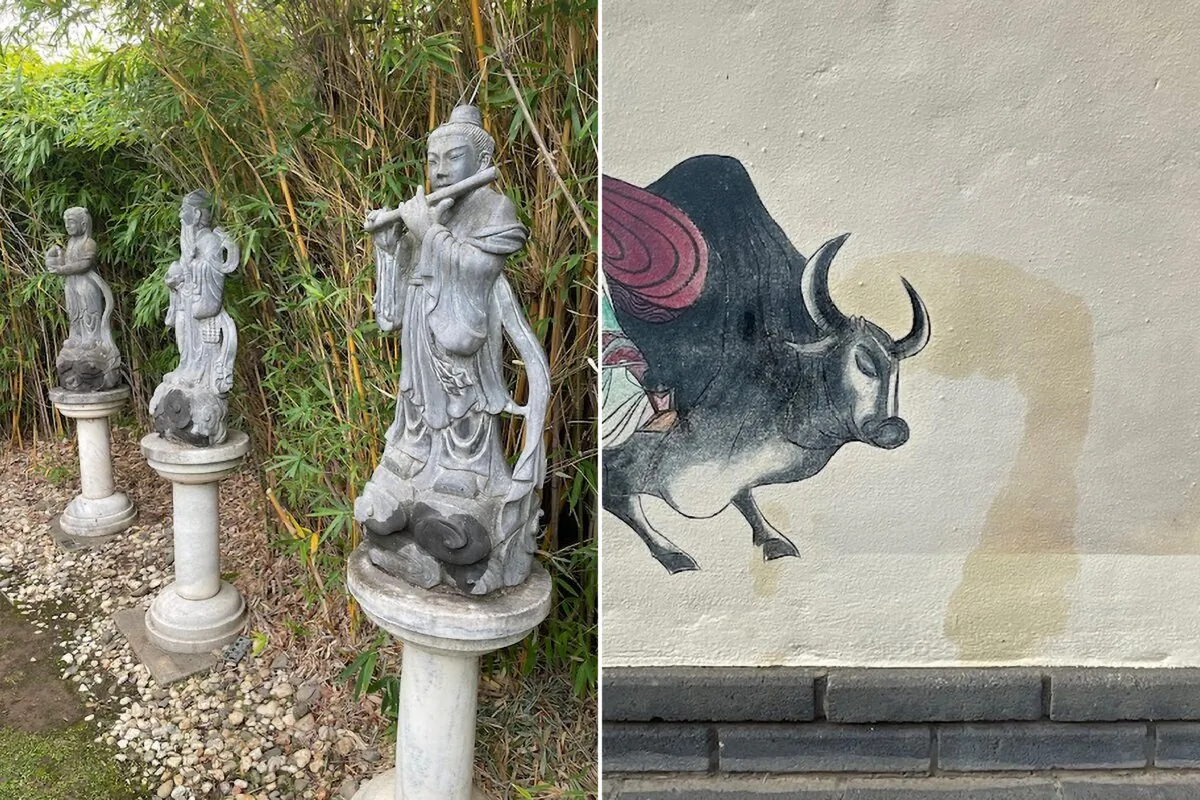 A supplied diptych obtained and generated on May 14, 2024, shows sculptures (L) and artworks (R) that were defaced at Bendigo's Golden Dragon Museum in regional Victoria on Sunday, May 5, 2023. (AAP Image/Supplied by Golden Dragon Museum)