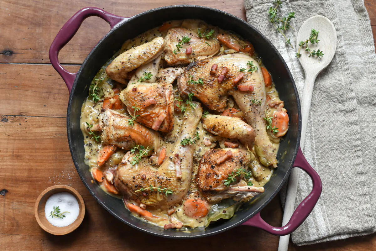 Fricassée de poulet features braised chicken pieces and vegetables in a rich, silky sauce. (Audrey Le Goff)