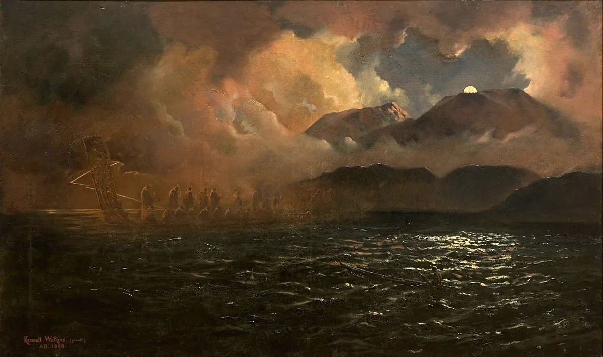 "The Phantom canoe: a legend of Lake Tarawera," 1888, by Kennett Watkins. Oil on canvas; 64.3 inches by 73 inches. Auckland Art Gallery. (Public Domain)