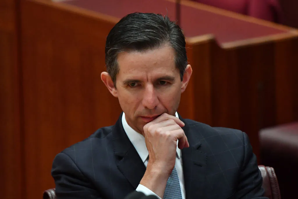 Senator Simon Birmingham during debate to Fair Work Amendment Bill 2021 in the Senate at Parliament House in Canberra, Australia, on March 18, 2021. (Photo by Sam Mooy/Getty Images)