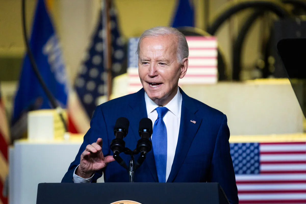 President Joe Biden speaks to guests at Gateway Technical College’s iMet Center in Sturtevant, Wis., on May 8, 2024. (Scott Olson/Getty Images)