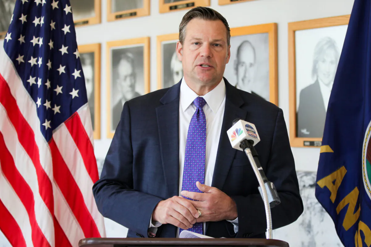 Kansas Attorney General Kris Kobach answers questions from reporters during a news conference outside his office in Topeka, Kan. on May 1, 2023. (John Hanna/AP Photo/ File Photo)