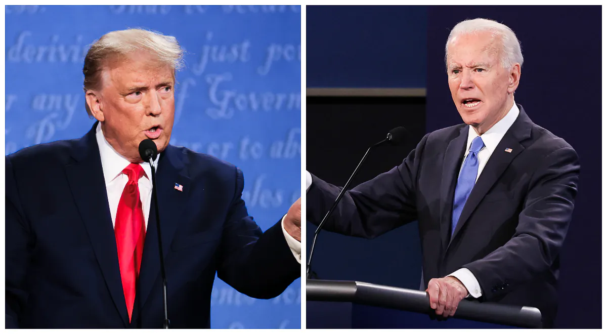 (Left) President Donald Trump participates in the final presidential debate against Democratic presidential nominee Joe Biden at Belmont University in Nashville, Tenn., on Oct. 22, 2020. (Right) Democratic presidential nominee Joe Biden participates in the final presidential debate against President Donald Trump at Belmont University in Nashville, Tenn., on Oct. 22, 2020. (Justin Sullivan, Chip Somodevilla/Getty Images)