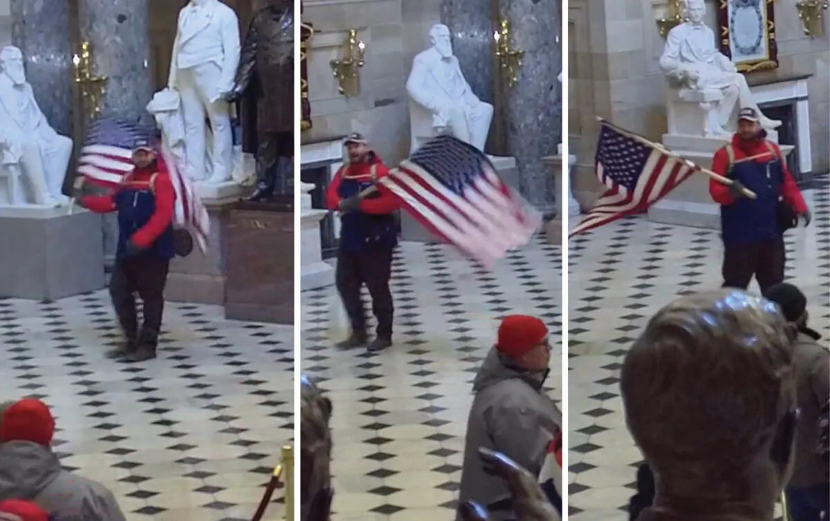 William Pope of Topeka, Kansas, displays an American flag in Statuary Hall of the U.S. Capitol on Jan. 6, 2021. (U.S. Capitol Police/Graphic by The Epoch Times)