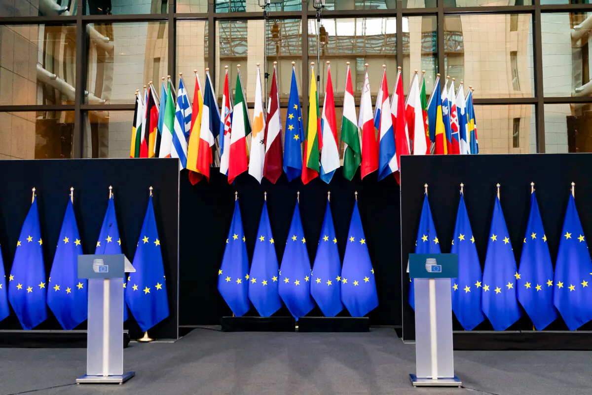 European Union flags are displayed at the European Council headquarters in Brussels on Nov. 29, 2019. (Kenzo Triboillard/AFP via Getty Images)