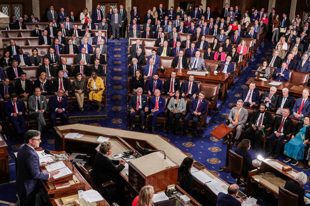 U.S. Speaker of the House Mike Johnson (R-LA) delivers remarks after the House of Representatives held an election in the U.S. Capitol on Oct. 25, 2023. (Alex Wong/Getty Images)