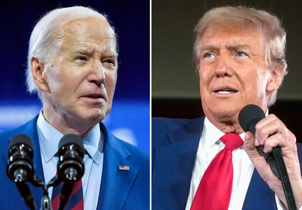 (Left) President Joe Biden speaks in Wilmington, N.C., May 2, 2024. (Right) and Republican presidential candidate former President Donald Trump speaks at a campaign rally in Waukesha, Wis., on May 1, 2024. (AP Photo)