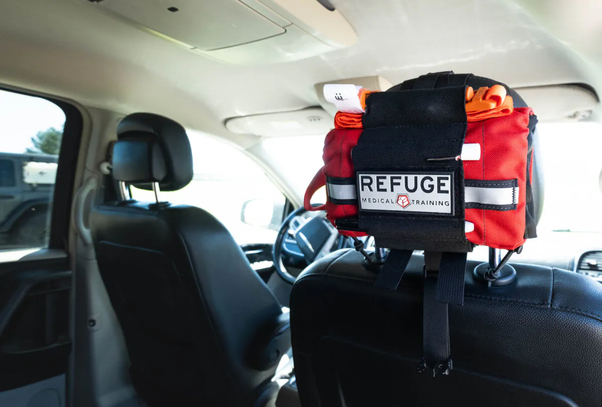 Closeup of the Refuge Medical TravelFak Vehicle First Aid Kit. Refuge Medical